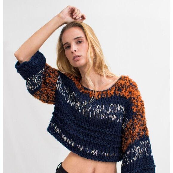 Anthropologie Hand Knit by Dollie Navy Blue/Orange Cropped Sweater Size Small RT - Picture 1 of 11